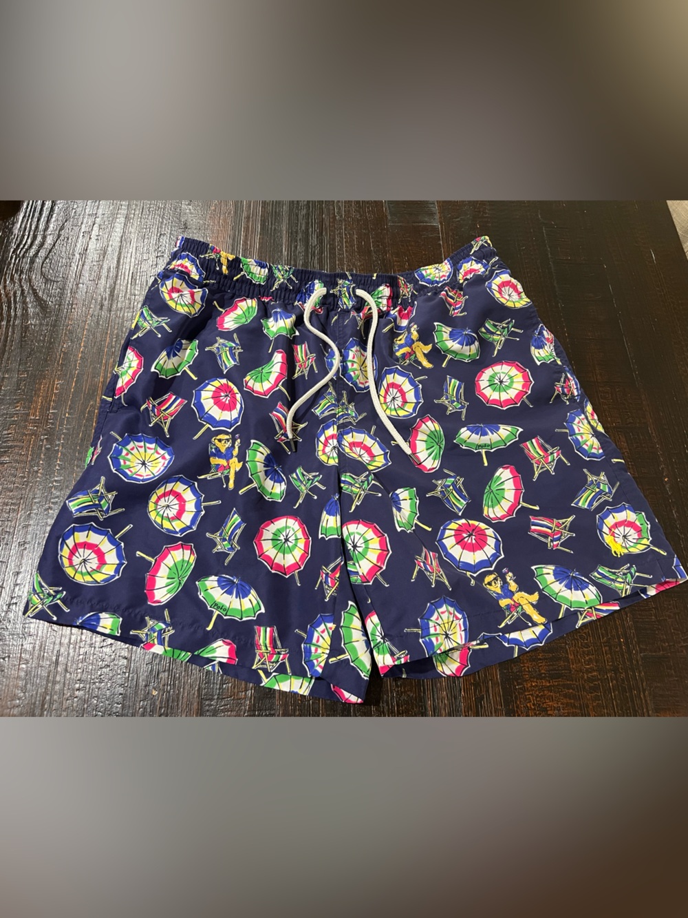 Polo Ralph Lauren Mens L Swim Trunks Polo Bear Beach Umbrella Navy Shorts